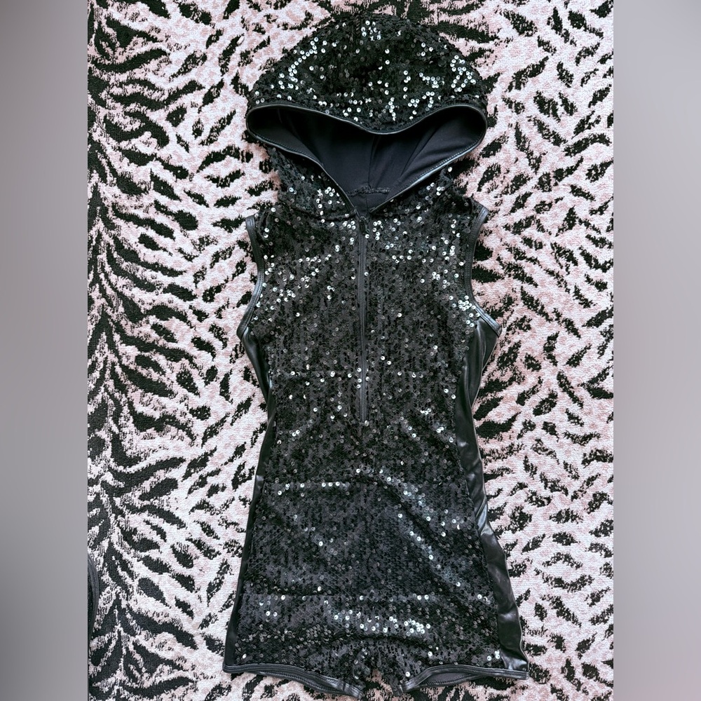 Double Platinum Performance Wear Black Sequin Sleeveless Zip-Up Hooded Romper